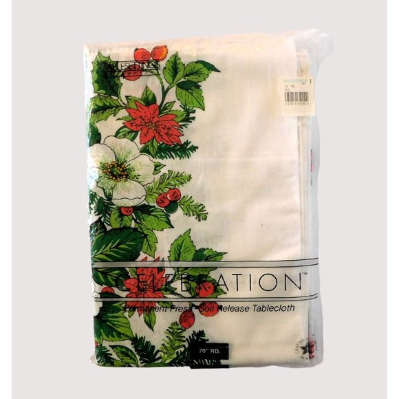 Sunweave Celebration Poinsettia Tablecloth 70 inch Round Permanent Press - Picture 1 of 5